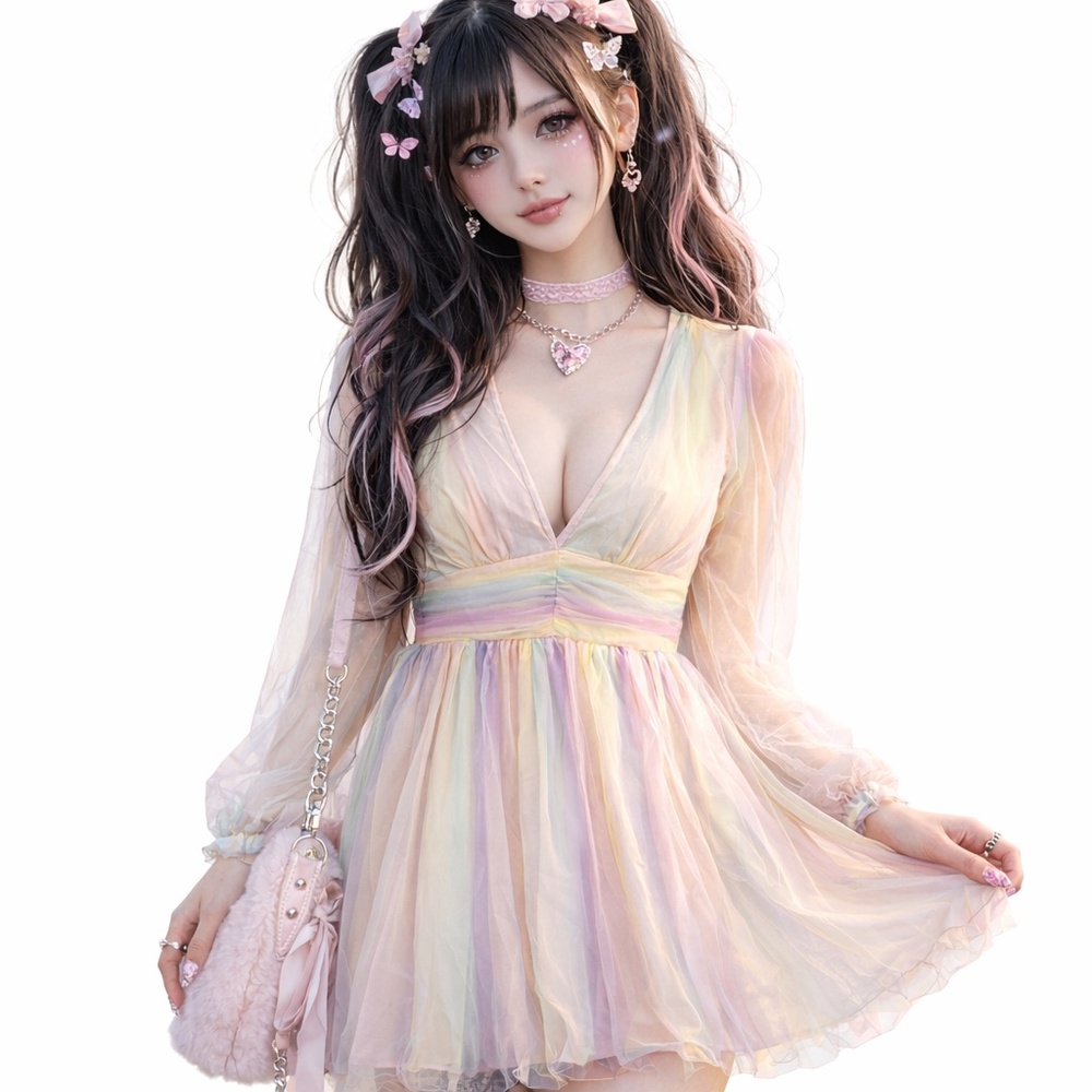 Balletcore Pastel Sheer Long Sleeve Skater Mini Dress V-Neck Y2K Coquette NWOT